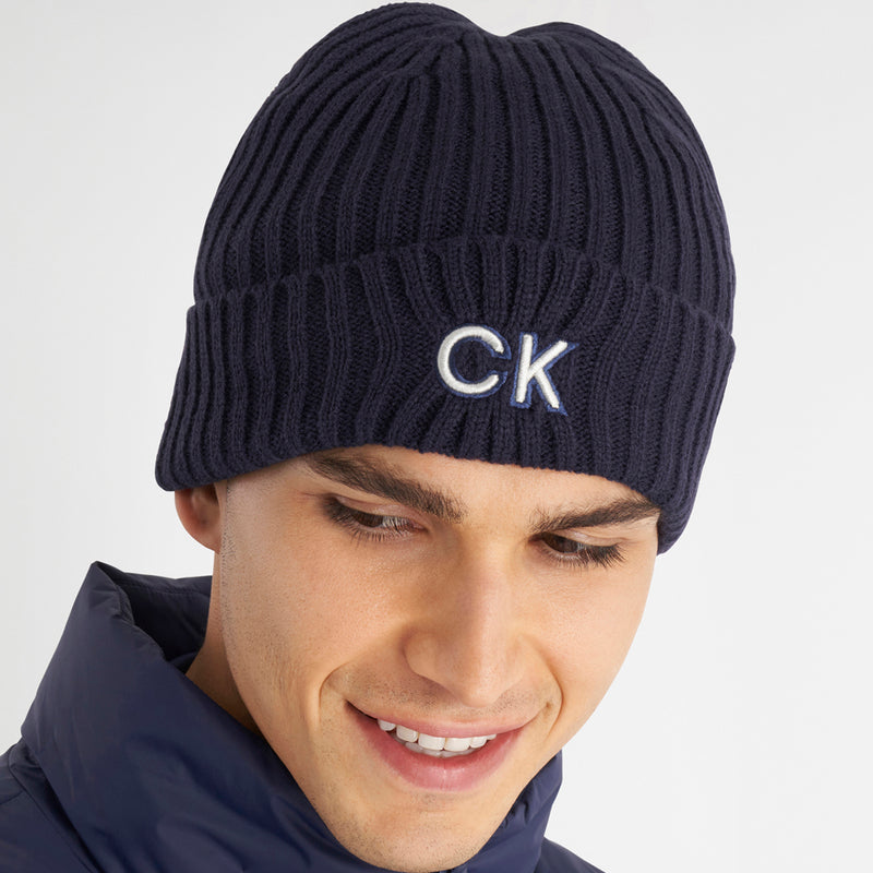 Calvin Klein Ribbed Knit Beanie HD Embroided - Evening Blue