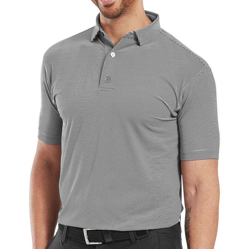 FootJoy Micro Feeder Stripe Lisle Polo Shirt - Black/Grey