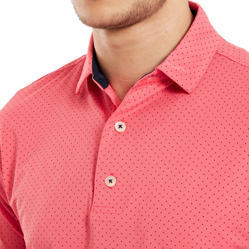 FootJoy Stretch Lisle Dot Print Polo Shirt - Coral Red/Navy