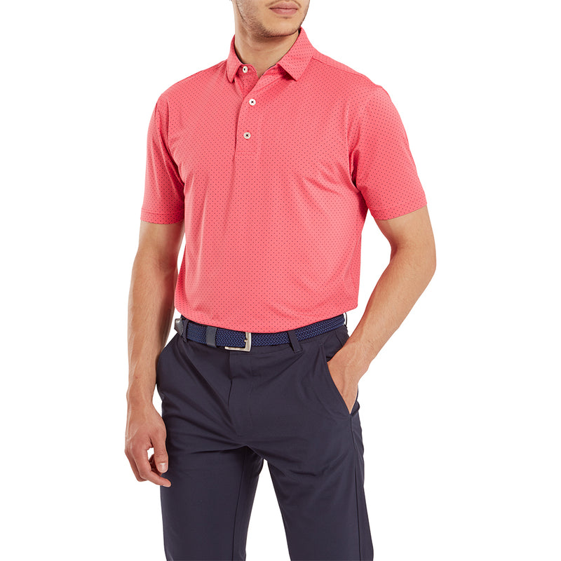 FootJoy Stretch Lisle Dot Print Polo Shirt - Coral Red/Navy