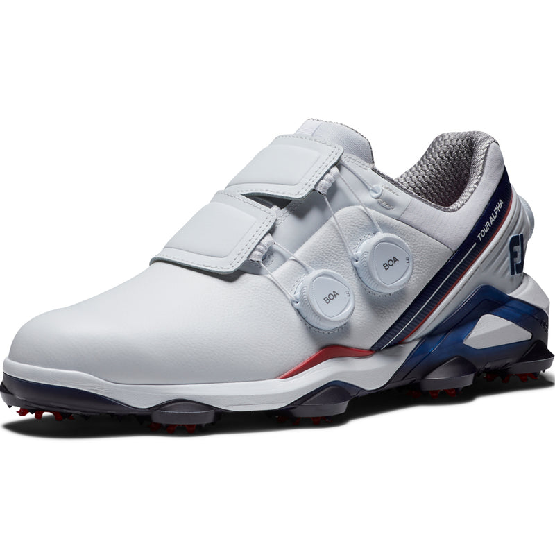 FootJoy Tour Alpha Triple BOA Spiked Waterproof Shoes - White/Navy/Red