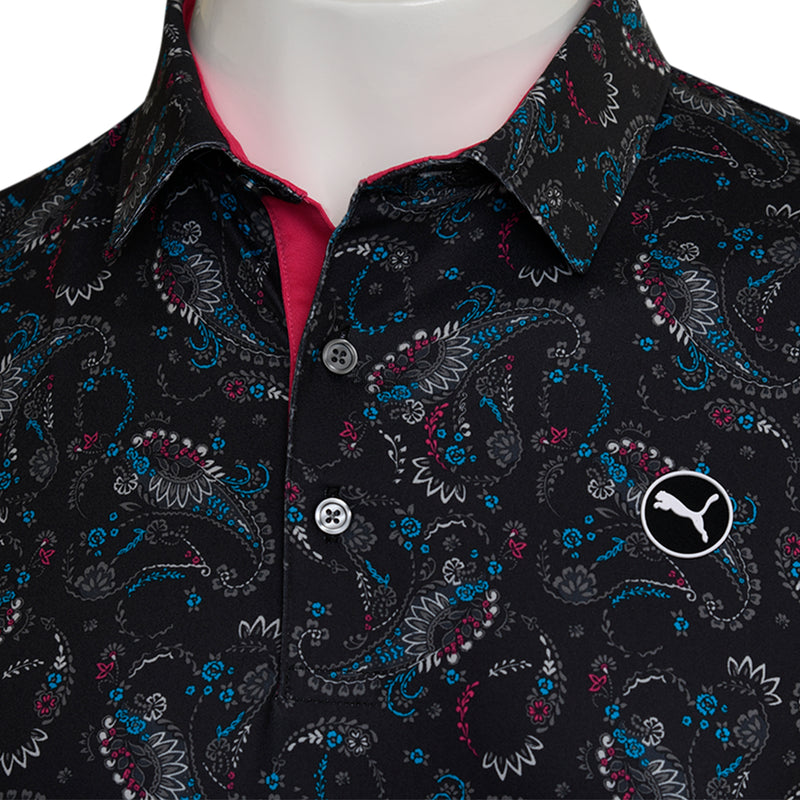 Puma Cloudspun Paisley Polo Shirt - Black/Aqua Blue