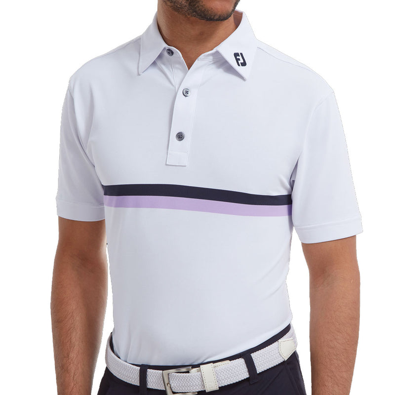 FootJoy Double Chestband Pique Polo Shirt - White/Navy/Lavender