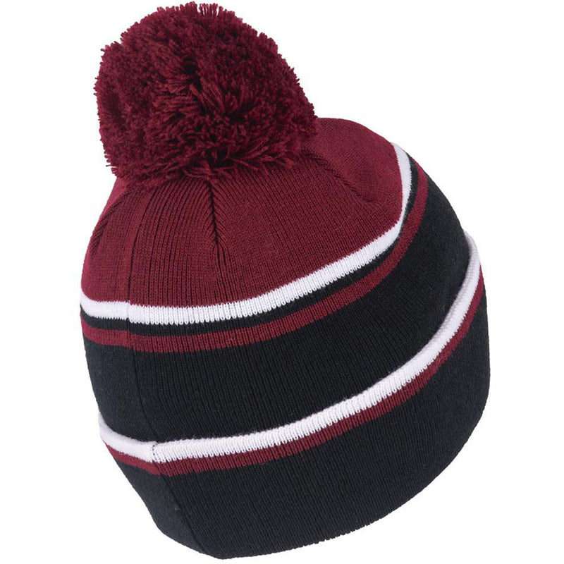 Island Green Knitted Bobble Hat With Inner Band And Pompom - Black/Deep Red