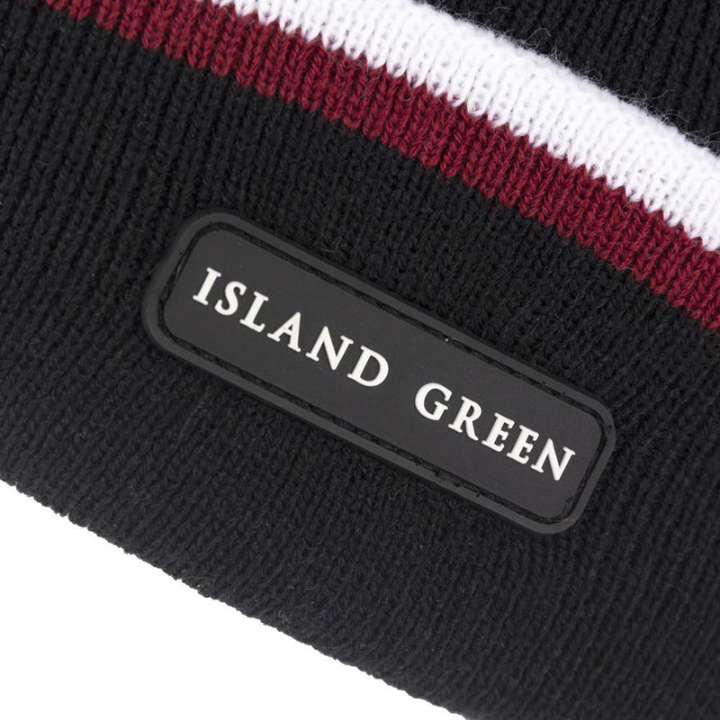 Island Green Knitted Bobble Hat With Inner Band And Pompom - Black/Deep Red